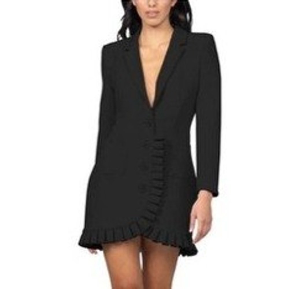 Bebe Womens Black Ruffle Trim Long Sleeve Button Down Blazer Mini Dress Small
